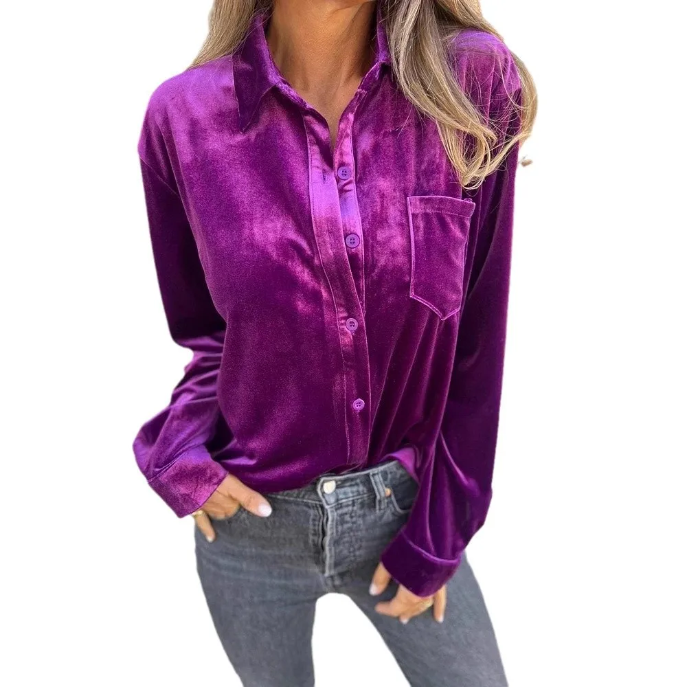 

2025 Spring velvet shirts & blouses Solid Elegant Long-sleeved single-breasted With Pocket Vintage Ladies Button Up Shirts Tops