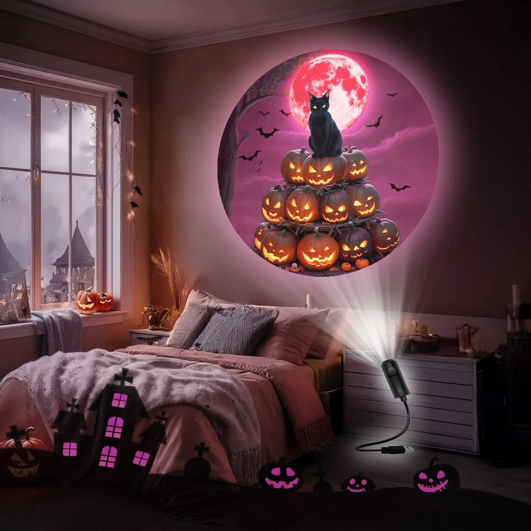 Proyector de luz LED para Halloween con patrones de cabeza de gato y calabaza, adecuado para crear un ambiente de dormitorio de Halloween