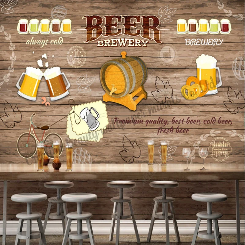 

Custom Wallpaper Retro Wooden Beer Mural Bar Restaurant Snack Barbecue Shop Background Wall Paper Papel De Parede Contact Paper