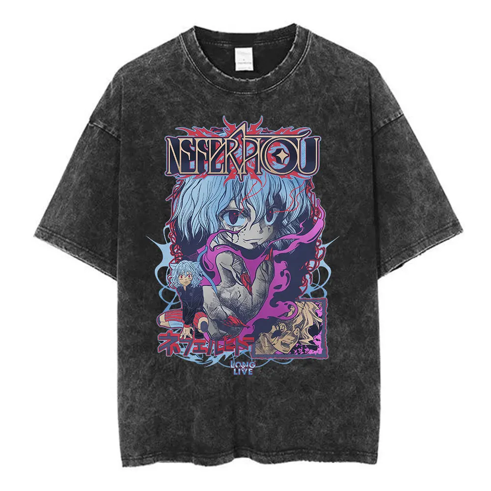 

Винтажная мытая футболка с рисунком аниме Hunter X Hunter Nephelpito Killua Zoldyck Manga, мужская и женская хлопковая повседневная футболка