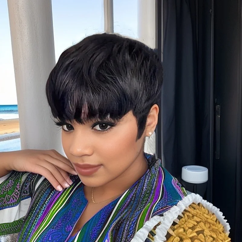 짧은 레이어드 픽시컷 인모 가발 앞머리 포함 블랙 브라운 99j 색상