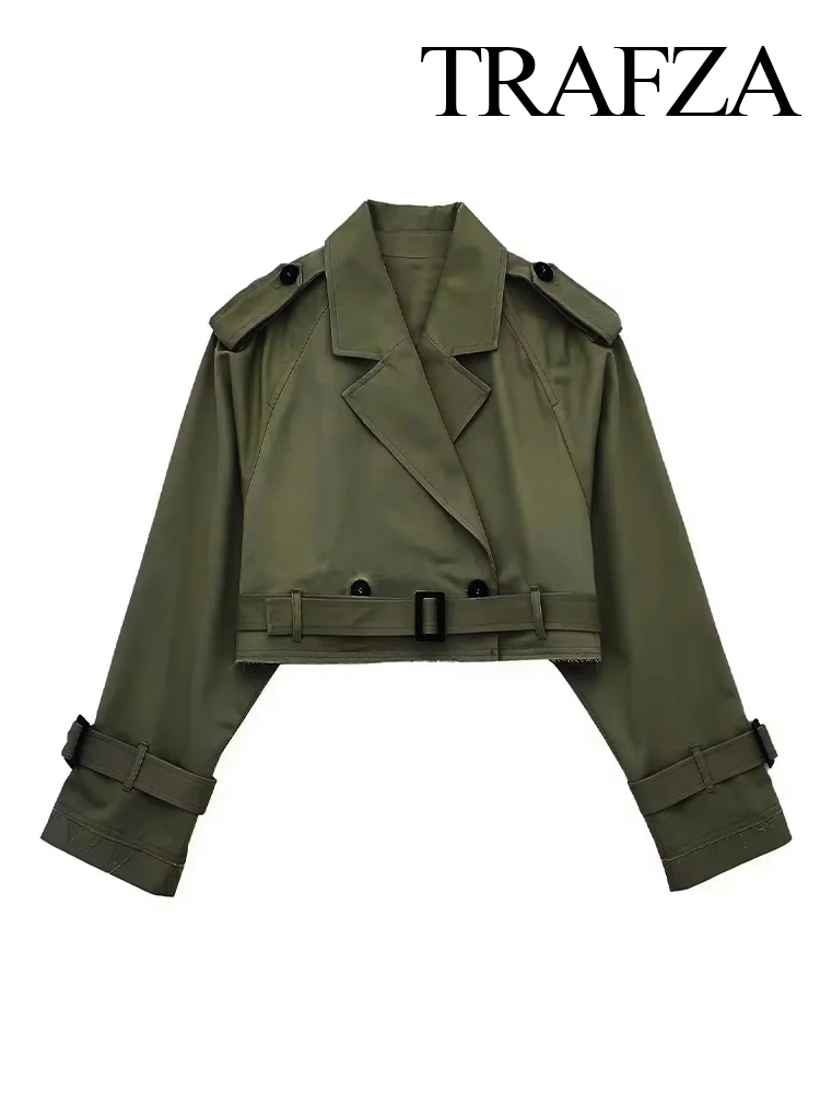 TRAFZA Spring Sutumn Women Fashion Cropped Trench With Belt For Female Long Sleeve Lapel Collar Jacket Single Button Streetwear