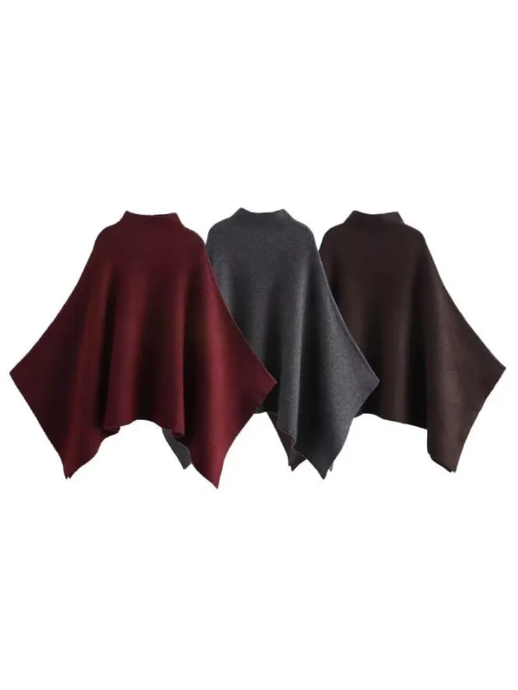 HH Women's New Fashion Versatile Solid Stand Collar Knitted Cape Coat Female Loose Casual High Street Asymmetric 3-Colors Jacket