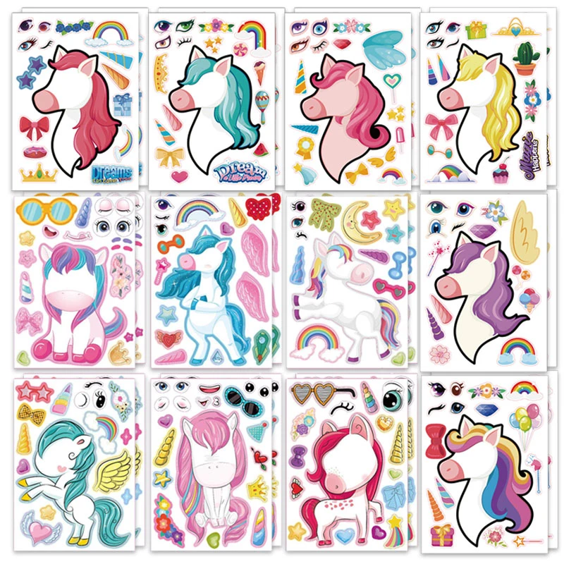 6/12Sheet Kawaii Unicorn Children DIY Sticker Make A Face Assemble Jigsaw Puzzle Stickers School Teacher Supplies Kids Girl Gift