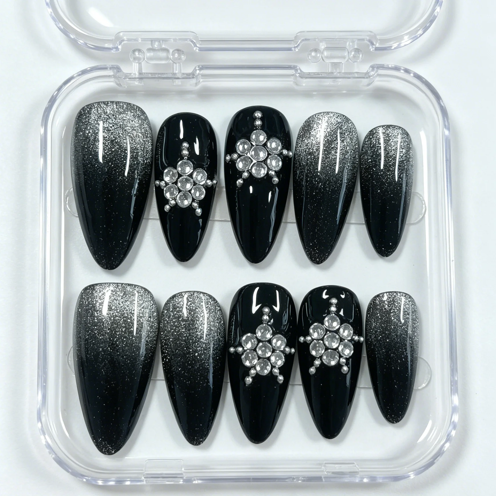 10 ongles en forme d'amande pressés à la main, magnifiques faux ongles, flocons de neige dégradés noir-argent, adaptés aux femmes