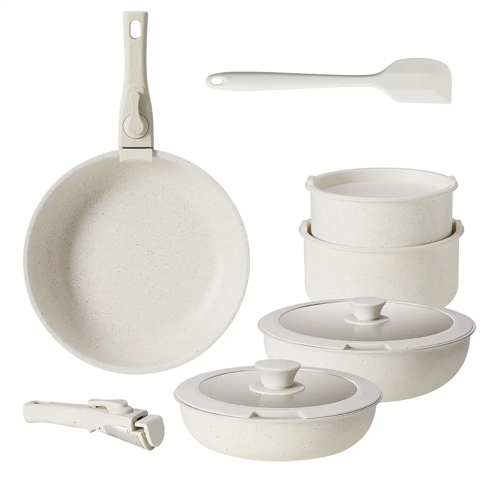 Juego de utensilios de cocina antiadherentes de 12 piezas, ollas y sartenes con espátula y mango desmontable para cocina