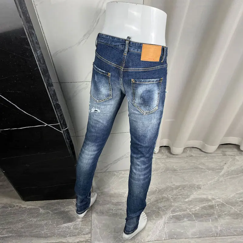 Y2K Designer Fashion New Men's Jeans Wrinkle Painted Scratched Water Washed Stretch Slim Blue Jeans High Street Hip Hop Pants Ho