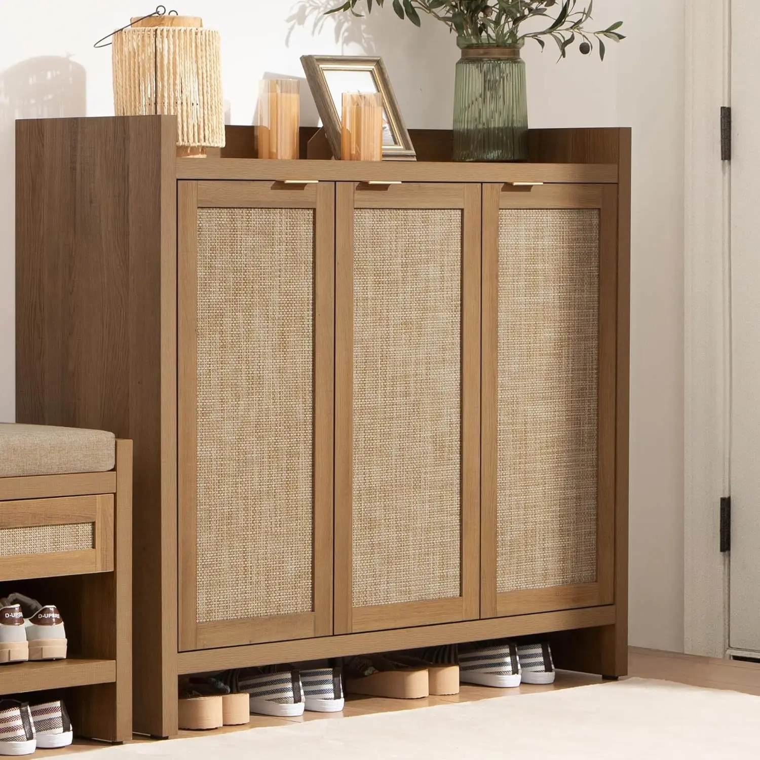 Boho Shoe Cabinet with Rattan Doors, 30 Pair 6-Tier Rattan Shoe Rack, Modern Wood Entryway Shoe Organizer for Hallway Bedroom