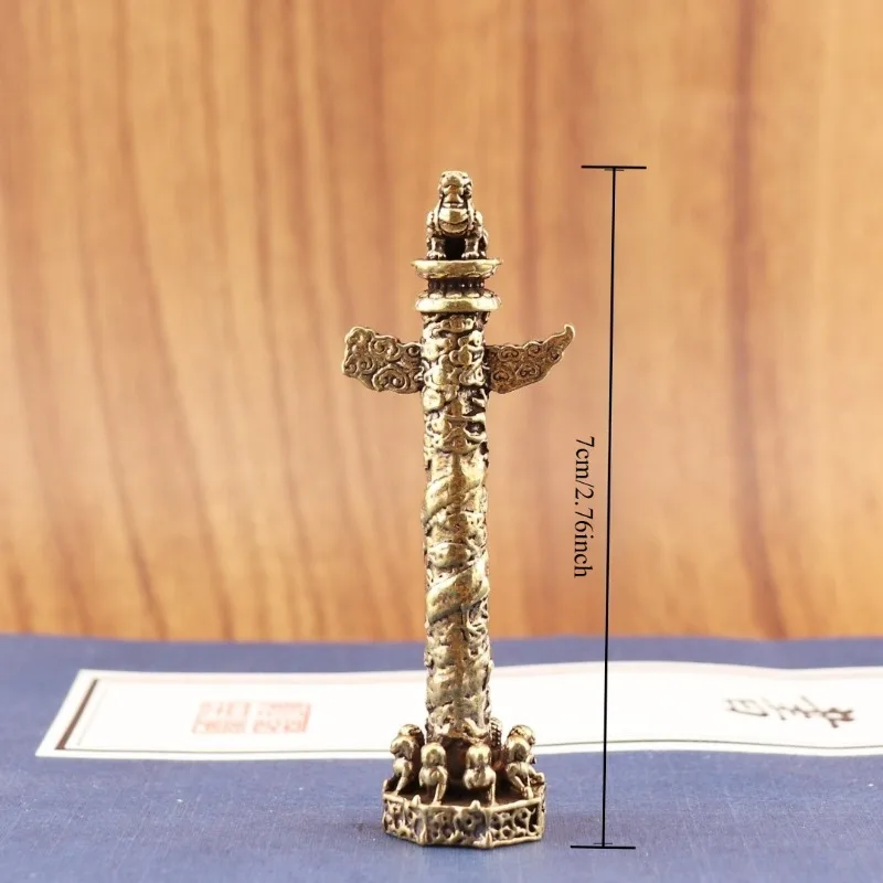 Vintage Brass Chinese Huabiao Figurine Mini Stone Pillar Statue Oriental Desktop Ornament Retro Table Decor Collectible Craft