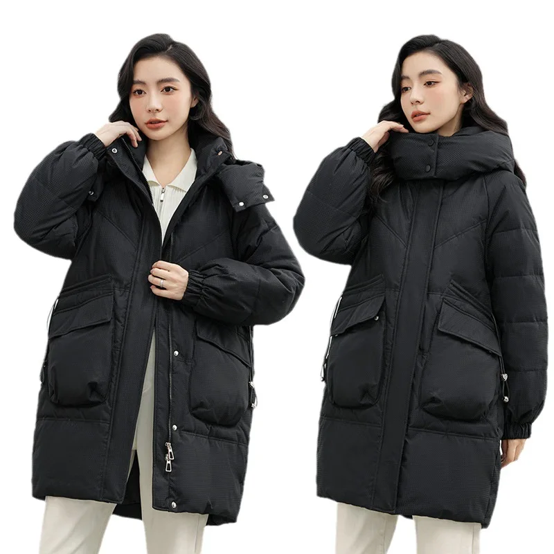 Women Hooded Parkas Coats Mid Lenth Overcoat Solid Drawstring Zip Long Sleeves Loose Thick Casual Office Lady 2025 Autumn Winter