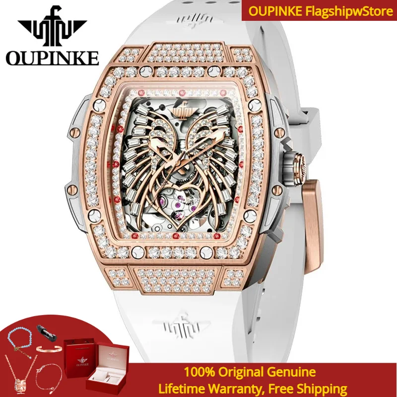 

OUPINKE 3225, роскошные полые женские механические часы, лучший бренд, водонепроницаемые часы с бриллиантами, силиконовый ремешок, женский автоматический набор часов