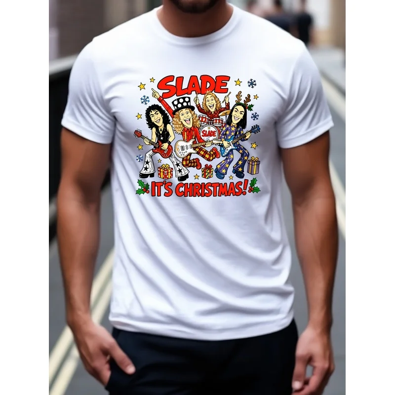 Men's Slade Xmas Printed T-Shirt Sleeve Round Neck Top with Fun 'Slade Xmas', Suitable for Parties, Daily Wear & Holiday Outfits