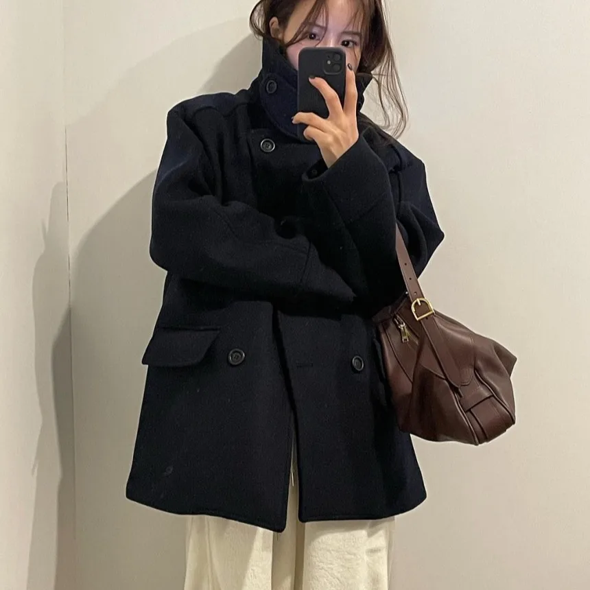 

Женское шикарное шерстяное пальто, двубортное свободное пальто для поездок на работу, осень-зима, Новое поступление, универсальное повседневное пальто из смеси хлопка