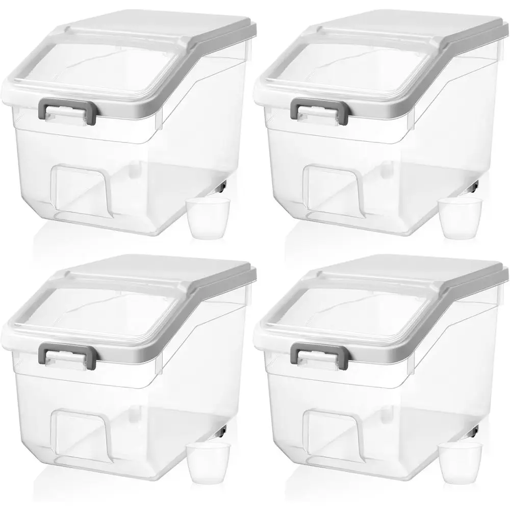 

4 Pcs Rice Storage Container 28 lb Airtight Flour Container with Wheels Measuring Cup Clear PET Food Cube Dog Birds Cat Food Bin