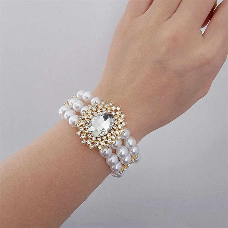 Statement Jewelry Elegant Fashion Crystal Rhinestone Choker Necklace Multi Strand Imitation Pearl Beaded Bracelet for Women