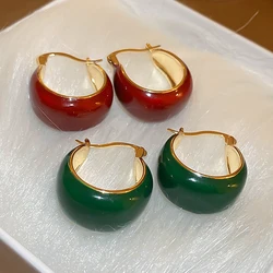 Green Red Enamel Oil Hoop Earrings for Women Vintage Small Round Circle Dangle Earrings Elegant Simple Statement Jewelry