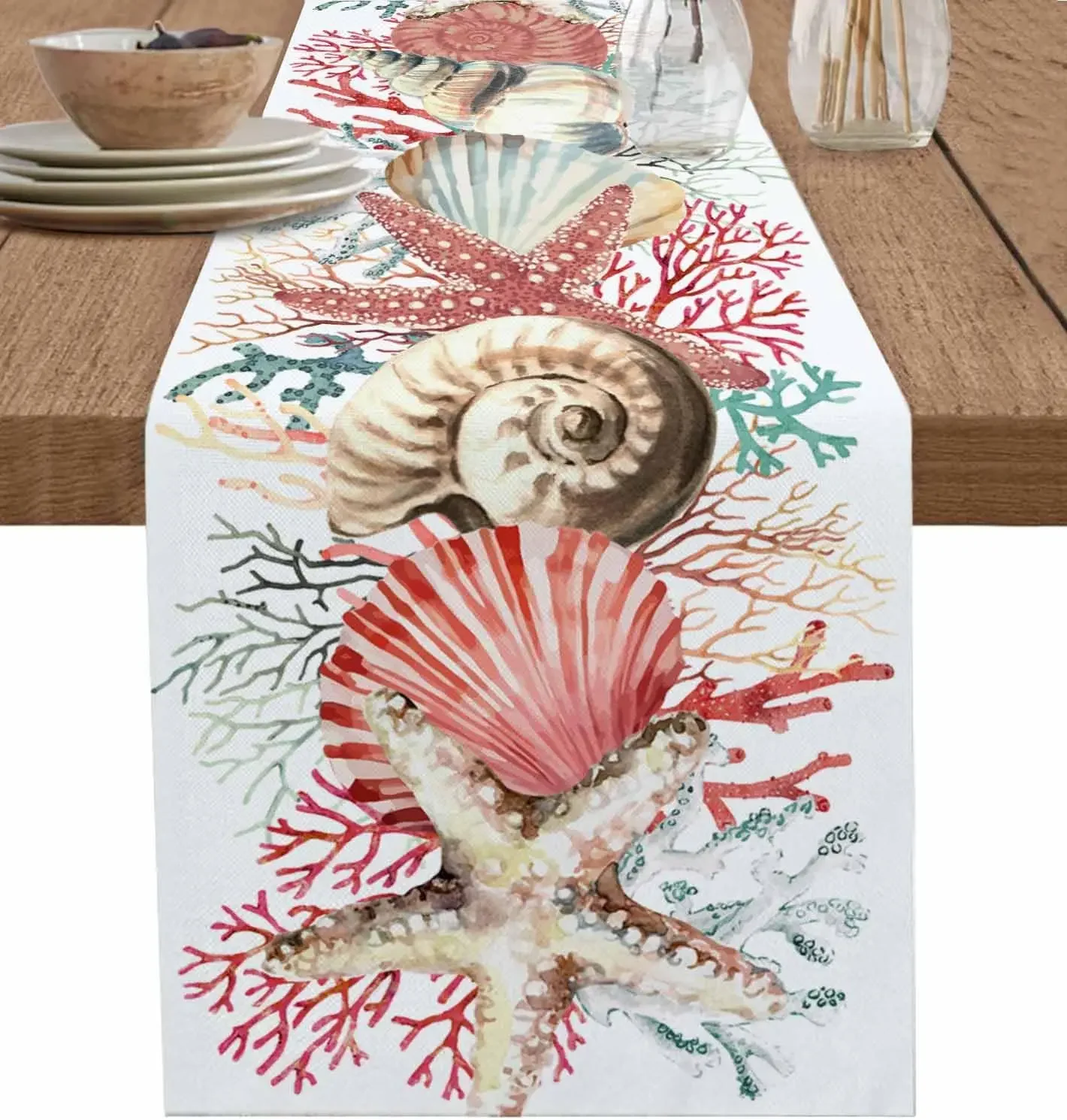 1Pc Marine Style Table Runner White Coral Shell Starfish Print Table Cover For Dining Kitchen Party Decoration Tabletop Decor