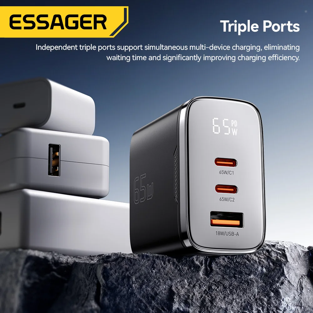 

Essager 65W GaN Charger USB C Charger Digital Display PD3.0 Fast Charger 3 Ports Power Adapter for iPhone Tablet MacBook Switch