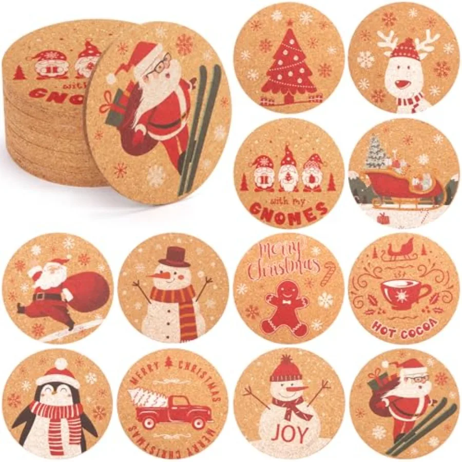 

12PCS Christmas Coasters Set Christmas Cork Coasters 4Ih Cork Cup Mat Wooden Coasters for Xmas Party Home Kitchen Table