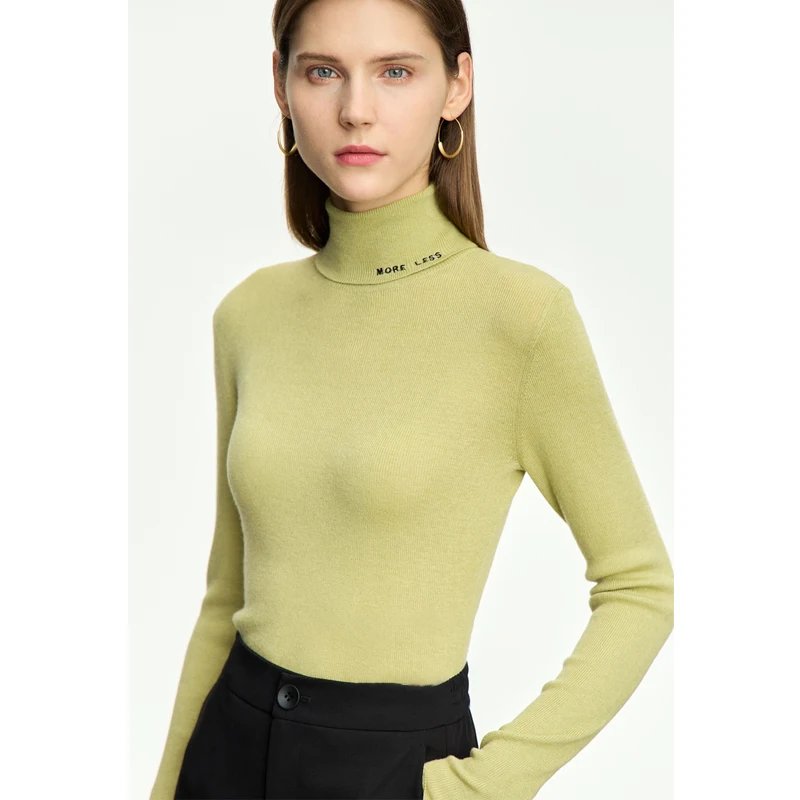 AMII Minimalism Fashion Women Sweaters 2023 Autumn New Slim-fit Basic Turtleneck Long Sleeve Embroidery Pullover Top 12323094