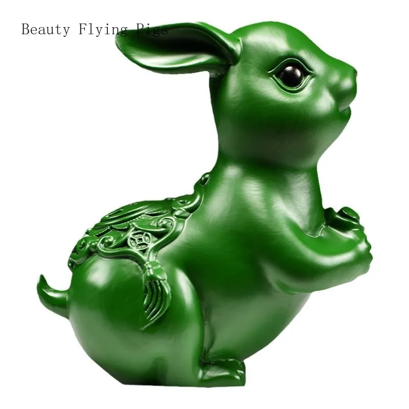 

1PCS green wood carved zodiac rabbit ornaments for home living room office desk decoration craft gifts