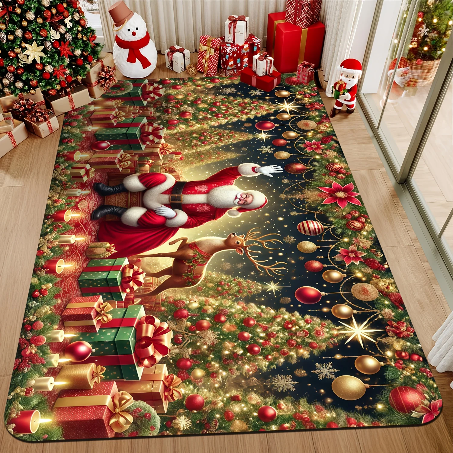 Starry Night Christmas Area Rug Santa Reindeer Carpet for Living Room Apartment Salon TV Bench Area Indoor Beautify Mat