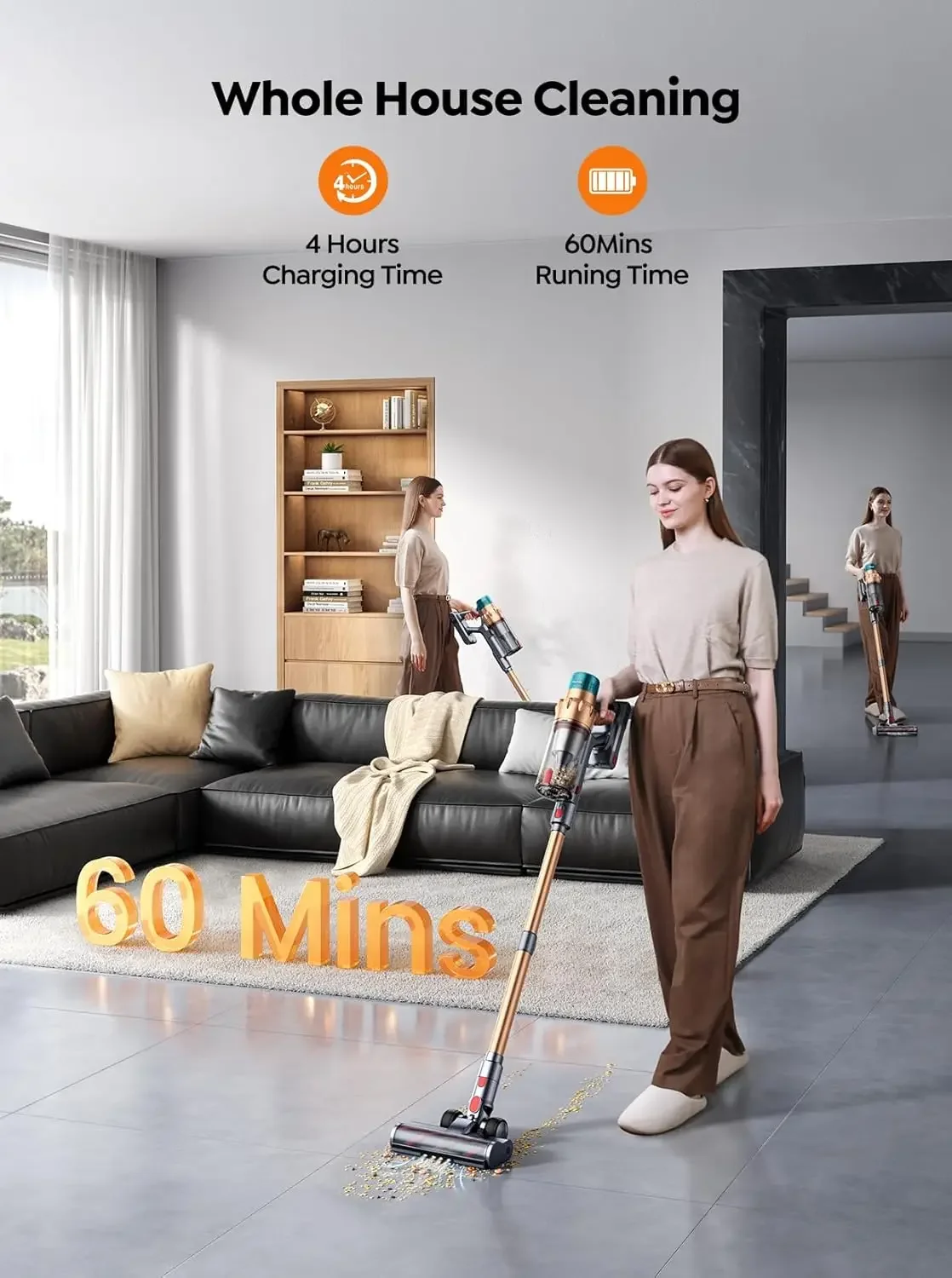 Mins Runtime Self-Standing Vacuum Cleaners for Home, Stick Vacuum with Charging Dock Station Removable Battery, Handheld Vacuum