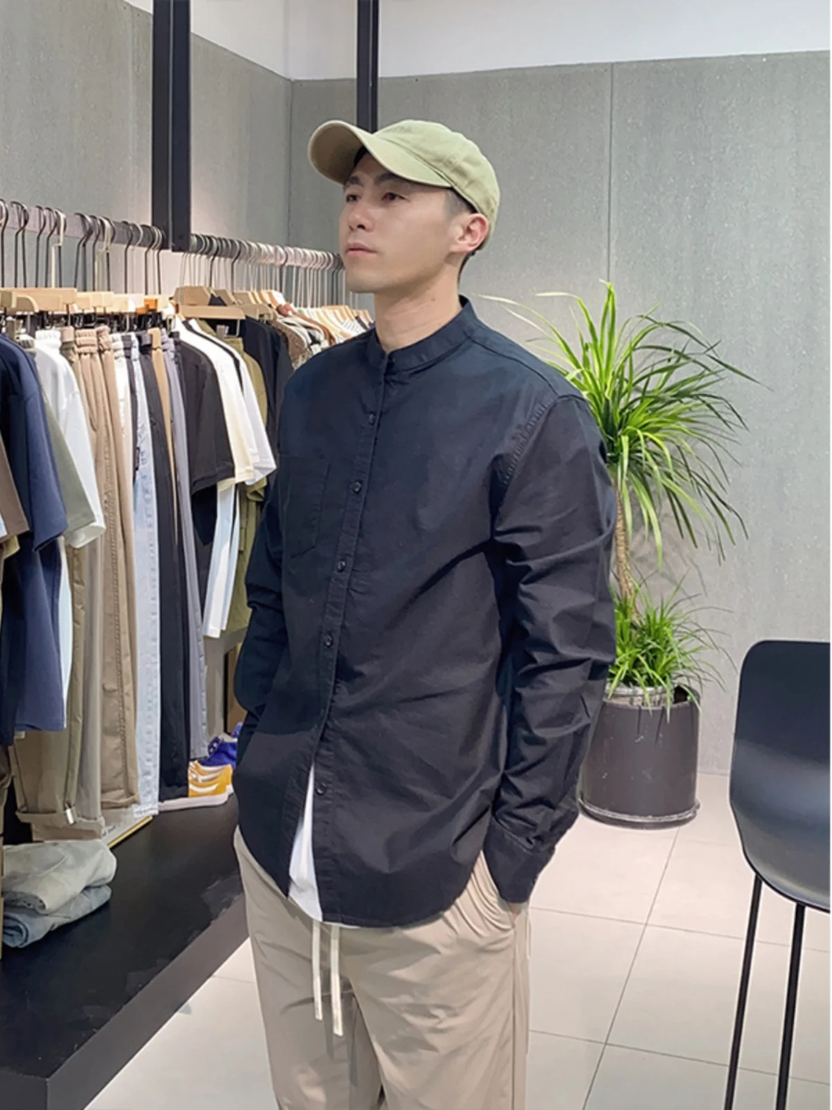 

Elegant White Long Sleeve Shirt Stand Collar Casual Spring Autumn Men's Standard Fit Iron Free Pure Color Daily Wear