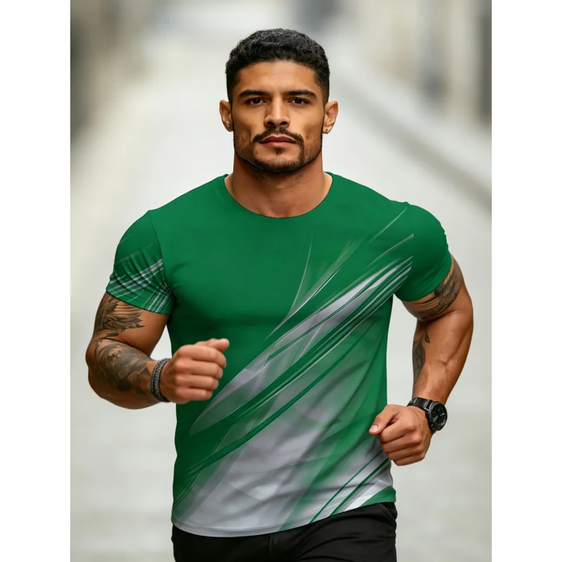 Men's Green Grey Gradient Short Sleeve T-Shirt Full Body Geometric Line Print Round Neck Casual Streetwear Top Breathable Machin