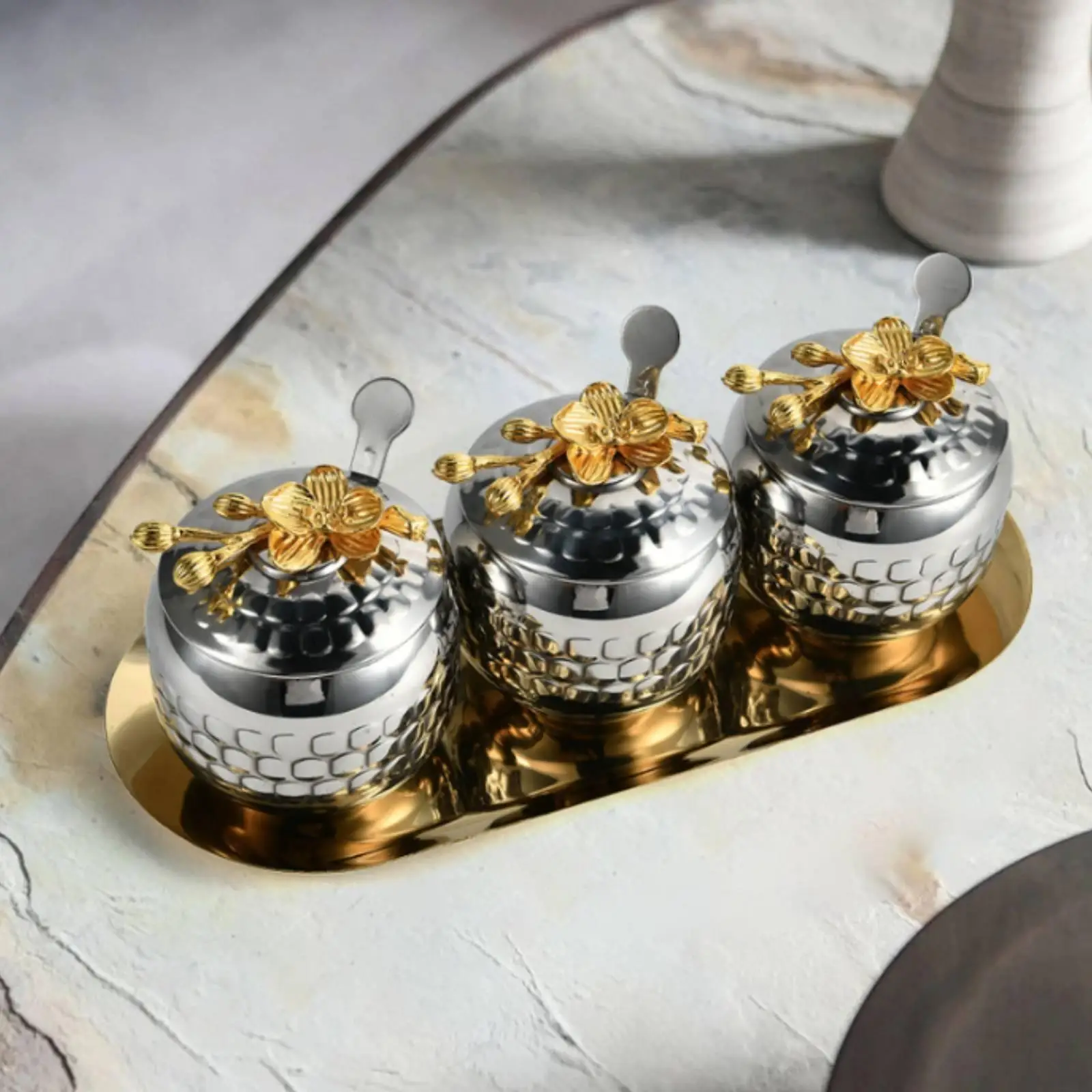 3 Pieces Condiment Jars with Tray Golden Finish Tableware Sturdy for Hosts
