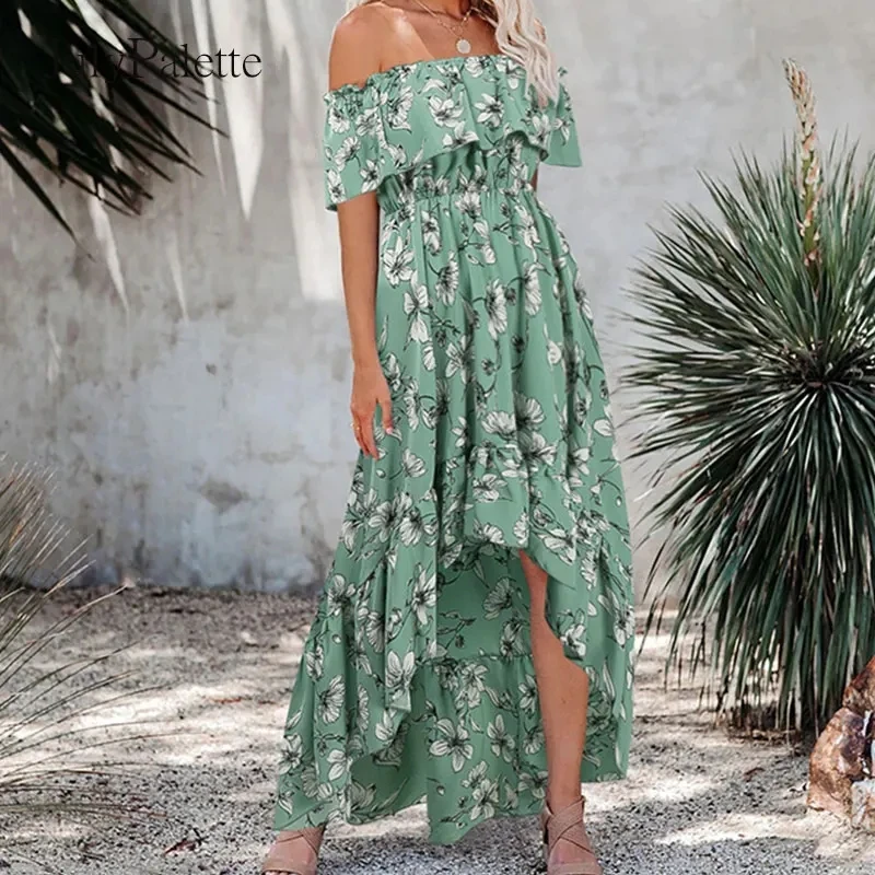 Low Price Sale  Bohemian Summer Dress One Shoulder Ruffles Slim High Waist Floral Printed Beach Sundress Long Women's Dress