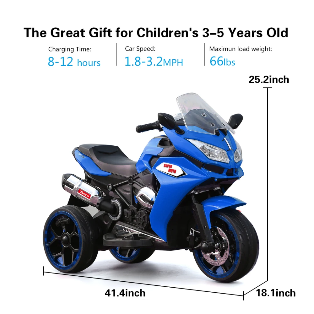 Kids Motorcycle 12V Ages 3-5 Years 3-Wheel Electric Motorcycle with Reverse, Headlight, Horn, Music Ride On Toy Motorcycle
