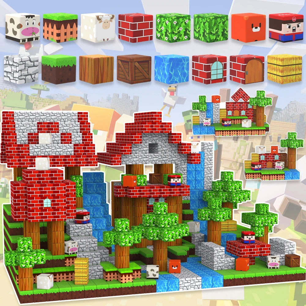 Animal World Magnetic Building Blocks Mine World Magnet Cube for Stacking Construction Set Educate Sensory Toys Kids Boys Girls