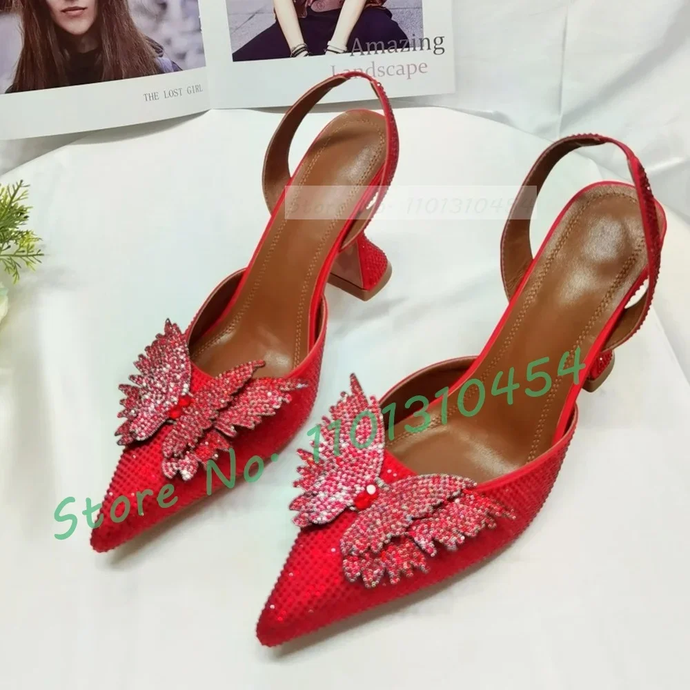Crystal Butterfly Pointy Sandals Women Bling Wine Glass Heel Orange Satin Shoes Real Leather Luxury Back Strap Trending Sandal view 6