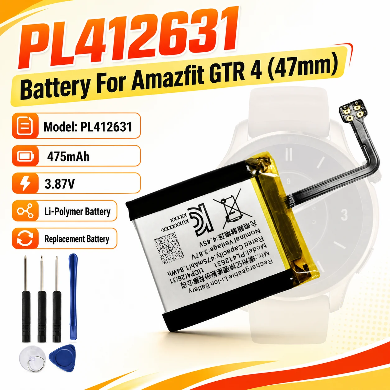 Smart Watch Replacement Battery PL412631 475mAh For Amazfit GTR 4 47mm Watch Repair Part With Free Tool Kit