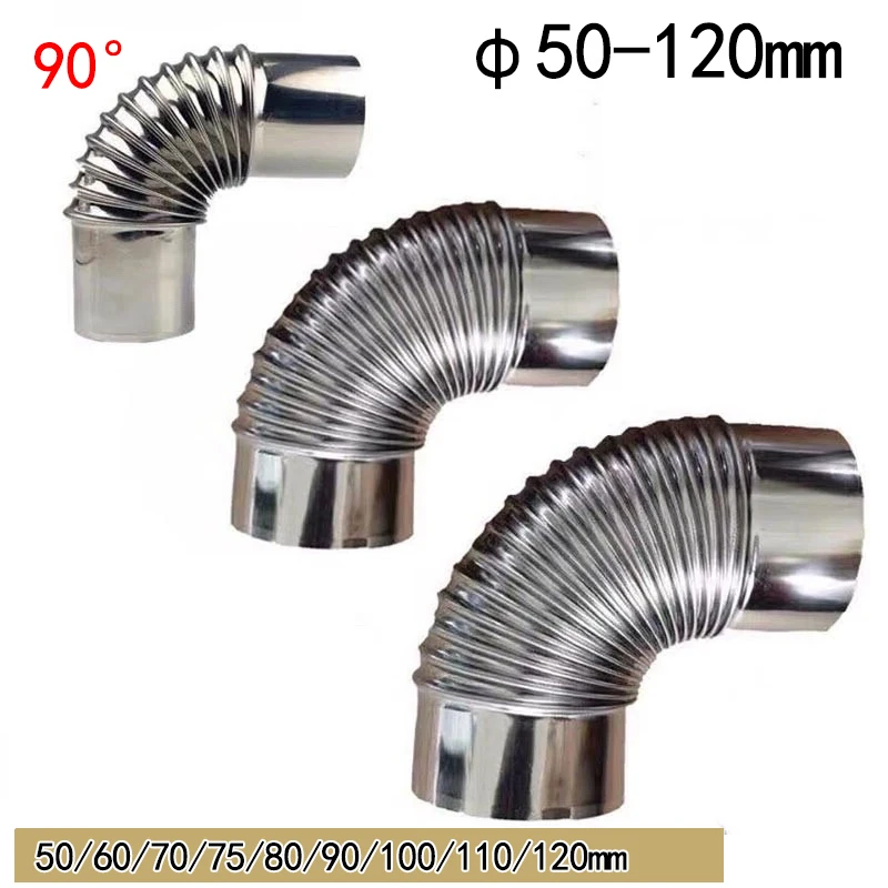 Stainless steel 90° ∅50-120mm  Flue Pipe Corrugated Vent Elbow Spiral duct elbow Connector Exhaust Tube Fitting