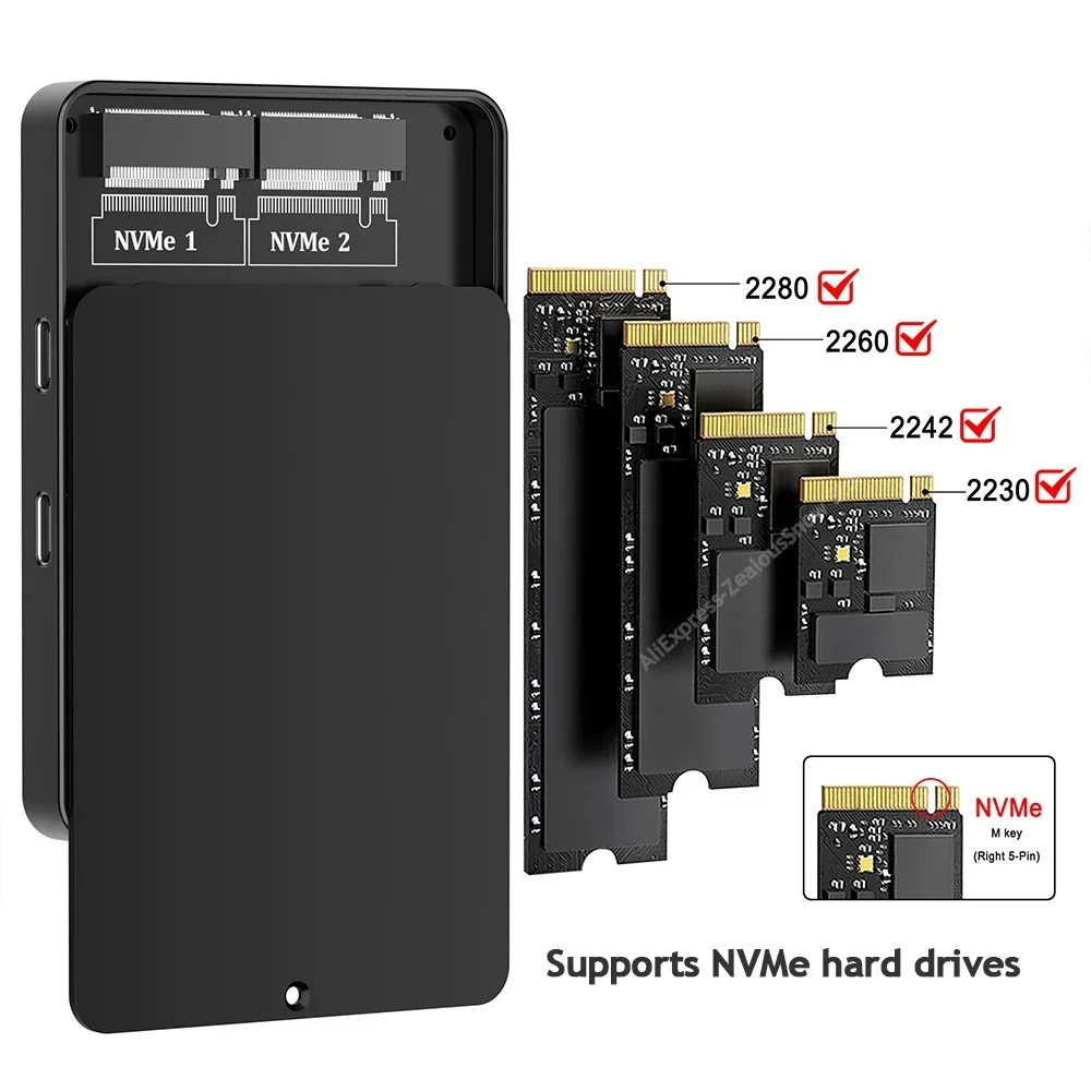 Dual Bays M2 NVME SATA SSD Enclouse RGB 10Gbps PCIe NVME محطة إرساء USB3.2 الحالة الصلبة M.2 صندوق القرص الصلب محول للكمبيوتر الشخصي