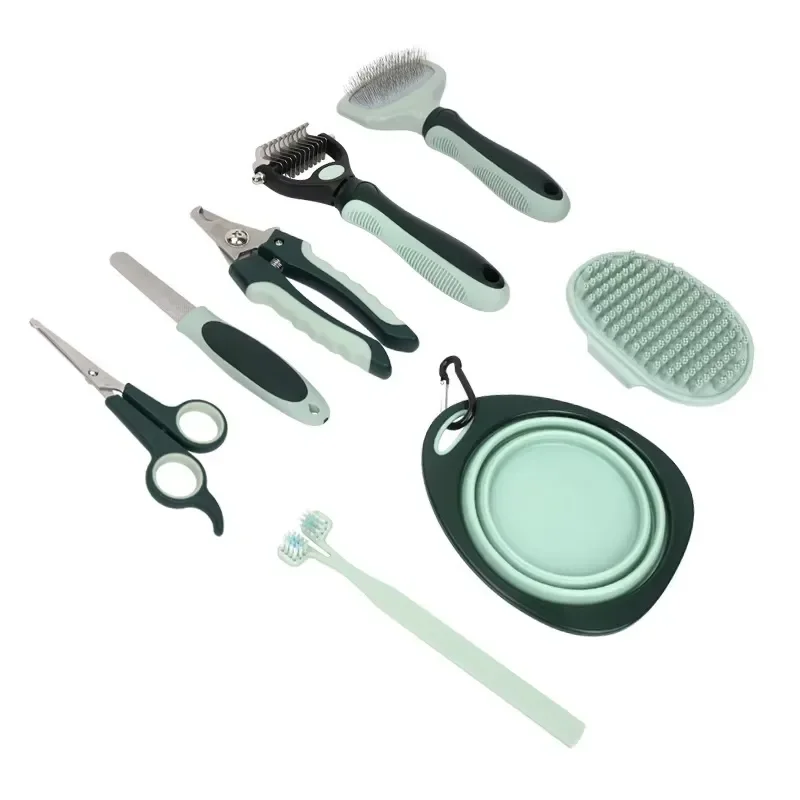 for Portable Travel Pet Grooming Kit with Storage Case Collapsible Bowl 9 Piece Plastic Pet Care Set for Home Travel Use