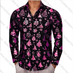 2024 Christmas theme Christmas Tree 3D Print Men's button Shirt Men's Long Sleeve Holiday Party Top New Year Couple Shirt 6XL