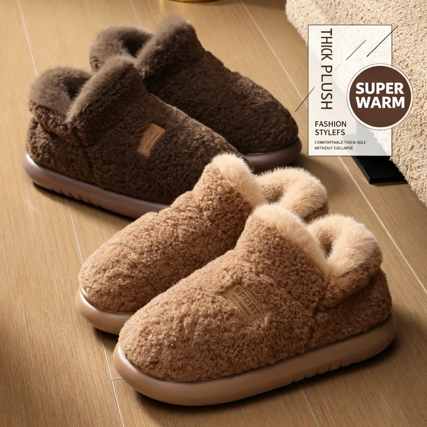 Winter Warm Slippers Women Men Fluffy Teddy Fleece Plush Indoor House Shoes Platform Cushion Sole Anti-Slip Bedroom Booties view 6