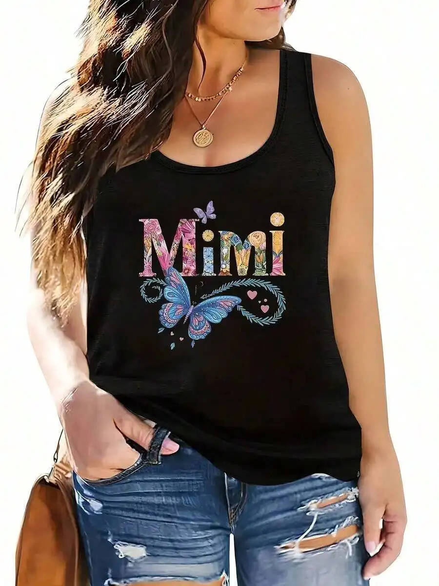 

Black Sleeveless Tank Top With Floral Mimi Graphic Print Womens Casual Round Neck Top