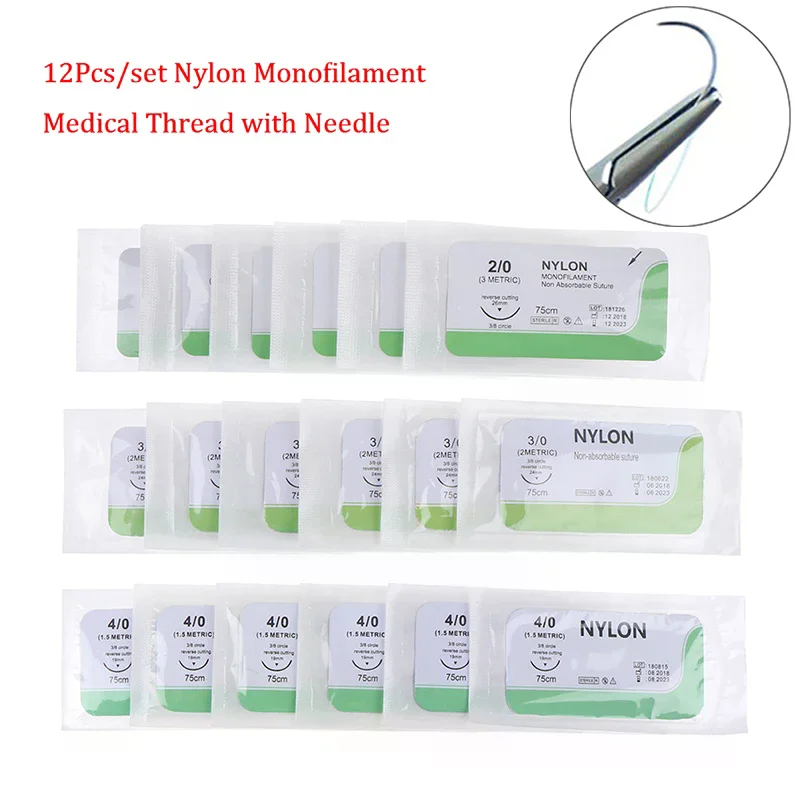 12Pcs 75cm 2/0 3/0 4/0 5/0 Needle Suture Nylon Polyester Thread Suture Practice Kit Teaching Demonstrations Exercises