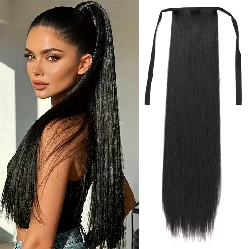 24Inch Synthetic Long Straight Ponytail Hair Extension Drawstring Wrap Around Easy Wear Hairpiece for Women Daily Use