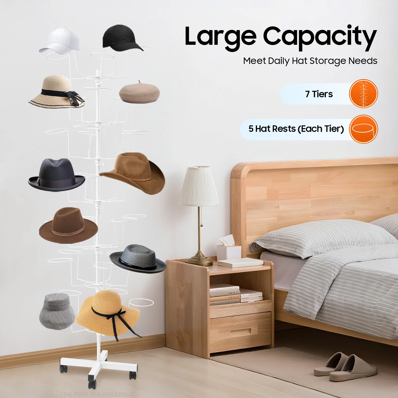 

White 7-Tier Hat Rack 35 Hat Rests with Pulleys Stable Base Modern Style for Home Store