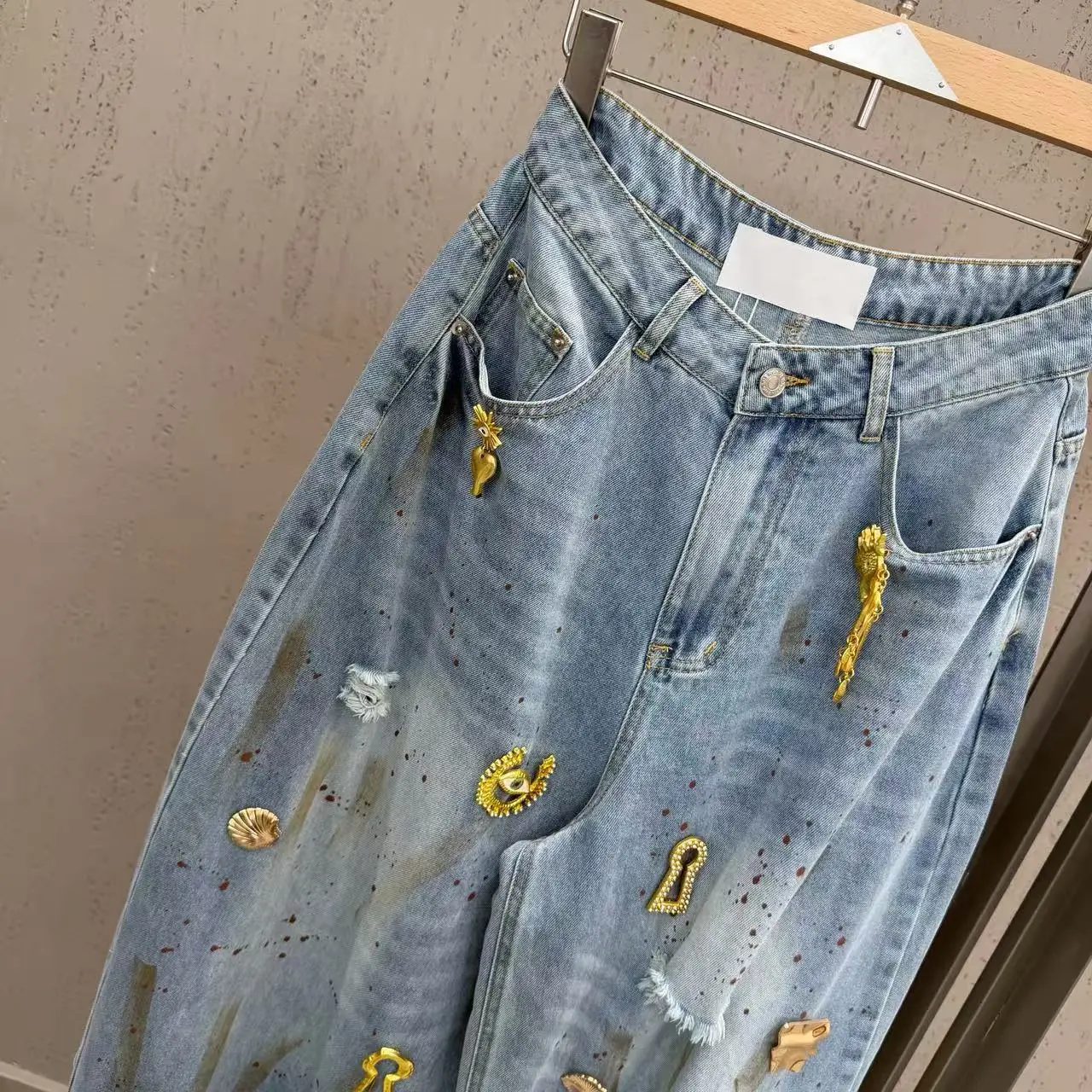 American Tie-dye Hole Women Harem Pants New Spring Summer Trendy Metal Buckle Decoration Wide Leg Jeans Casual Denim Trousers