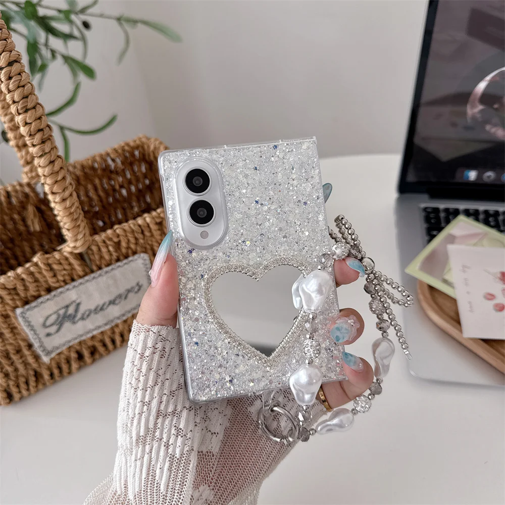 Sparkling Silver Glitter Heart Hollow Mirror Phone Case For Samsung Galaxy Z Fold8 Protective Cover With Pearl Bow Wrist Chain