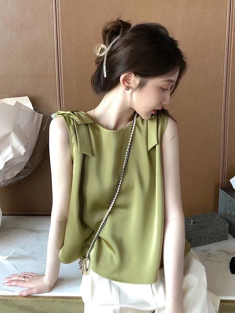 Women's Bow tie Blouses Summer Plus Size Satin Office Black Women Tunic Elegant Shirts Silk Sling Vest Woman Tops 5XL