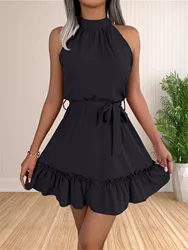Women's Halter Summer Mini Dress Casual Beach Ruffle Flowy Sundress Sleeveless A Line Dresses