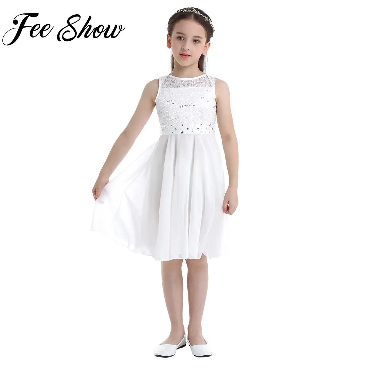 

Kids Girls Sequined Lace Chiffon Dress Children Elegant Sleeveless Flower Girl Princess Pageant Wedding Birthday Party Dress