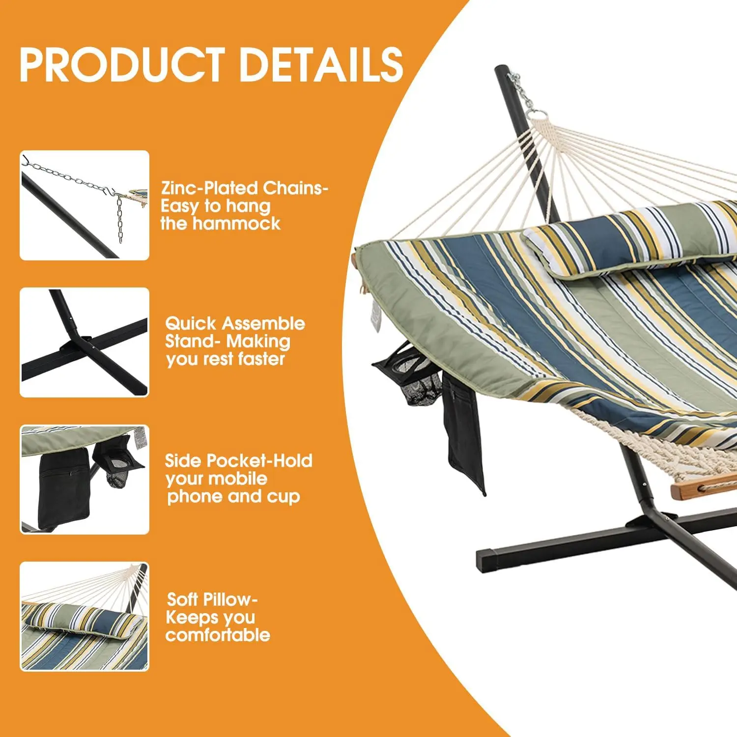 

Double Outdoor Hammock with 12 ft Steel Stand, 2 Person Cotton Rope Hammock with Quilted Pad, Spreader Bars,